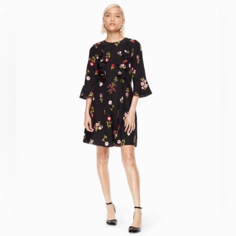 KATE SPADE In Bloom Ruffle Dress - Black Multi - Sz 0